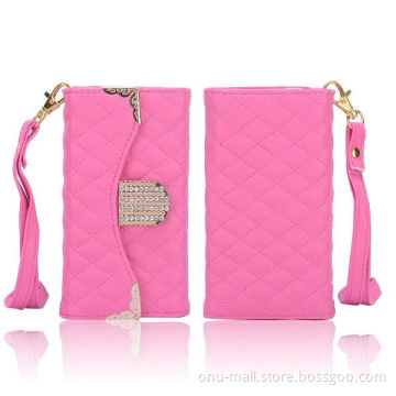 Luxury Wallet Style with Strap Grid Pattern PC and Leather Bling Wallet Case for iPhone 5 5S